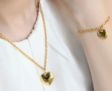Golden Stainless Steel Solid Heart Charm Bracelet Necklace Pendant Jewelry Set