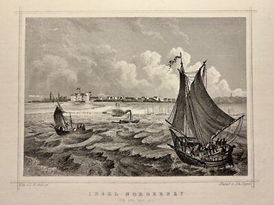 Island of Norderney From The Sea From Ship Antique Steel Engraving 1837 Germany