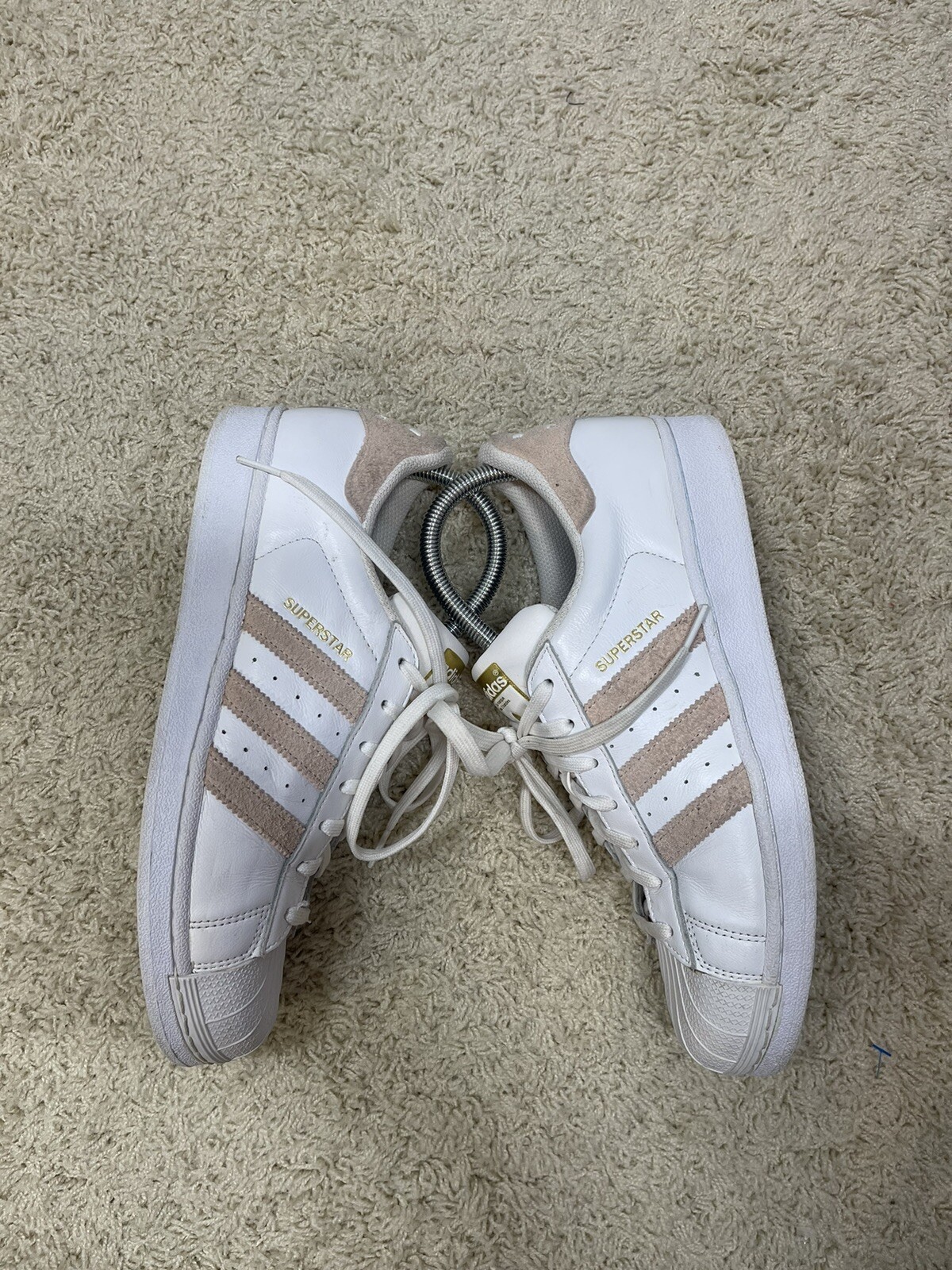 Adidas superstar Womens size 8.5 sneakers white leather With Pink Suede Stripes