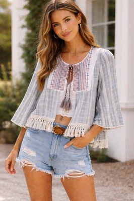 Knox Rose Blouse Blue White Striped Embroidered Tie Neck Fringe 3/4 L Women