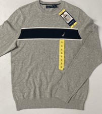 NAUTICA Men  s Striped Crew Neck Knit Sweater 100 COTTON Gray SMALL Lightweight