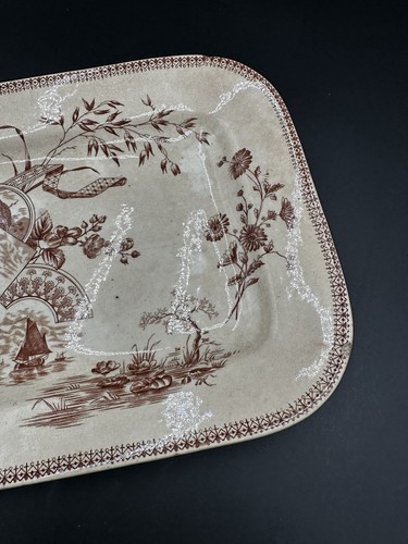 Antique NEW WHARF POTTERY TENNYSON PLATTER c.1884 11” X 9” Brown Transfer - Picture 4 of 13