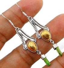 Natural Rough Green Tourmaline & Pyrite 925 Sterling Silver Earrings Jewelry