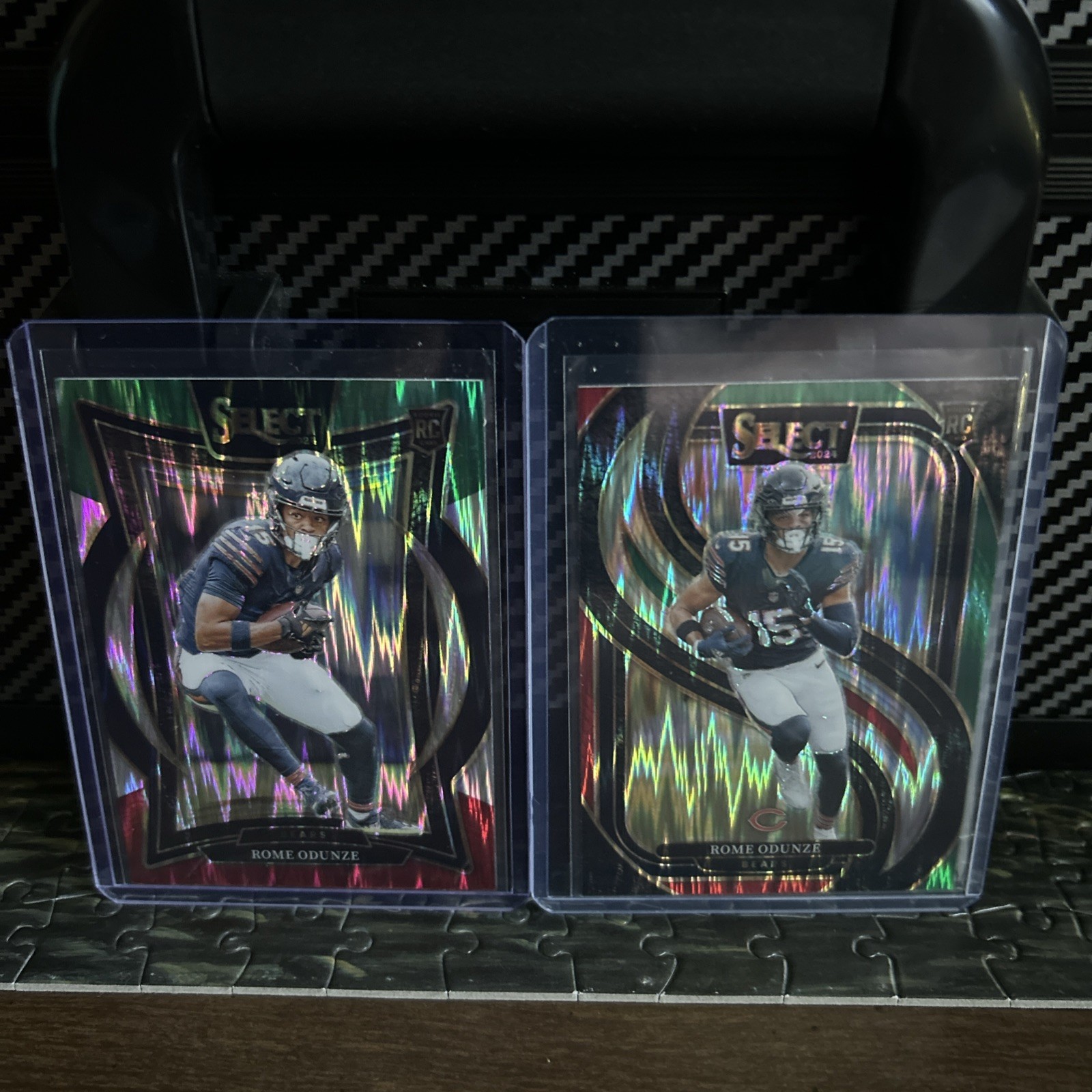 2024 Panini Select - Rome Odunze Red & Green Shock (#3 Concourse, #136 Premier)