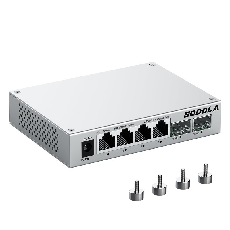SODOLA 6 Port 2.5Gb Web Managed Switch, 4 x 2.5G Base-T & 2 x 10G SFP+ Grey