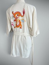 Vintage Chinese Raw Silk Hand Embroidered Dragon Kimono Robe Unworn