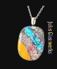 Large Hand Crafted Dichroic Fused Glass Pendant W/ Chain 1188