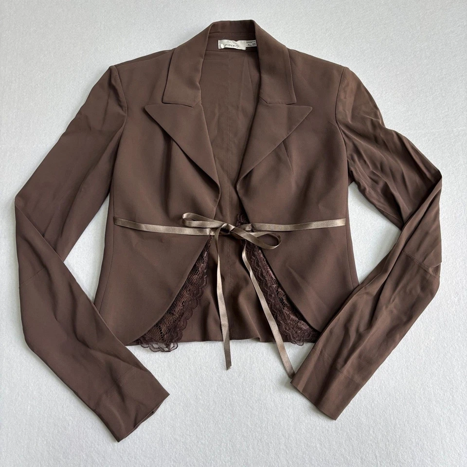 PINKO короткий тонкий кружевной отделки деталь куртка Blazer женщин 6 коричневый атласный бант новый с Ярлыками - Изображение 2 из 4