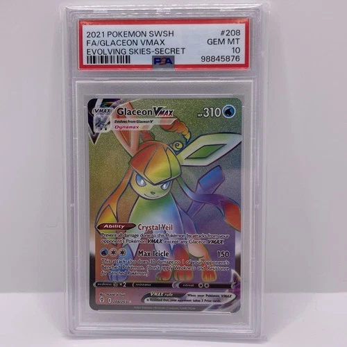2021 Pokémon SWSH Evolving Skies Glaceon VMAX Rainbow Rare Card 208/203 PSA 10
