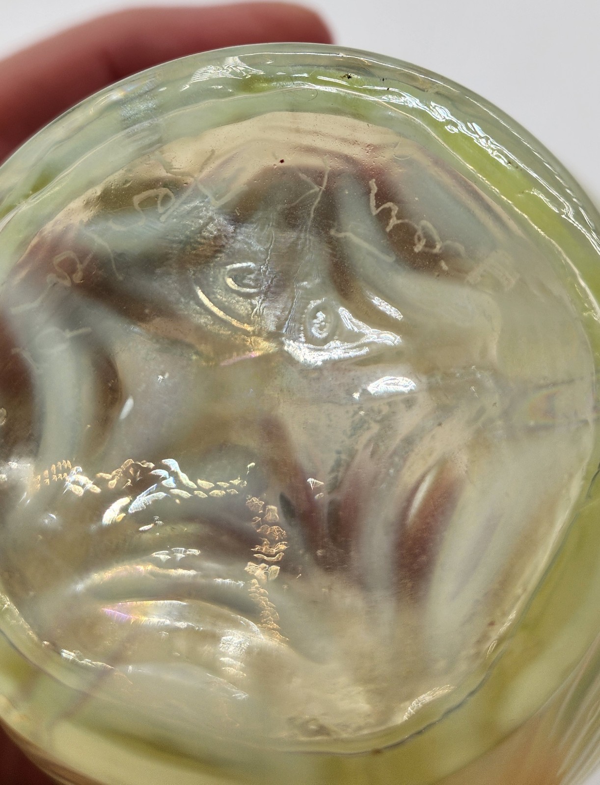 Fenton Topaz Glass Iridescent Yellow Vaseline Drapery Vase. Signed