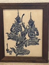 VTG Thai Temple Rubbing Blue 3 Musicians Ramayana Mythical Story Original Frame