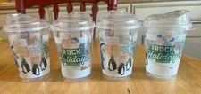 DUTCH BROS CHRISTMAS CUPS SET OF 4 NEW WITH LIDS COLD DRINKS SMALL SIZE PENGUINS
