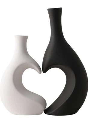 Vasen herzförmige Keramikvase 2er-Set Deko Vase Schwarz Weiß - Bild 1 von 4