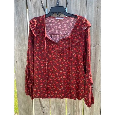 Sonoma Goods For Life Burgundy Floral Ruffle Tie Neck Blouse Womens Large
