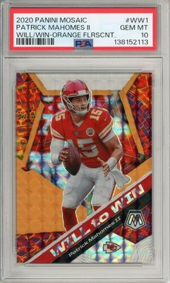 2020 Panini Mosaic Patrick Mahomes II Will to Win Orange Fluorescent 8/25 PSA 10