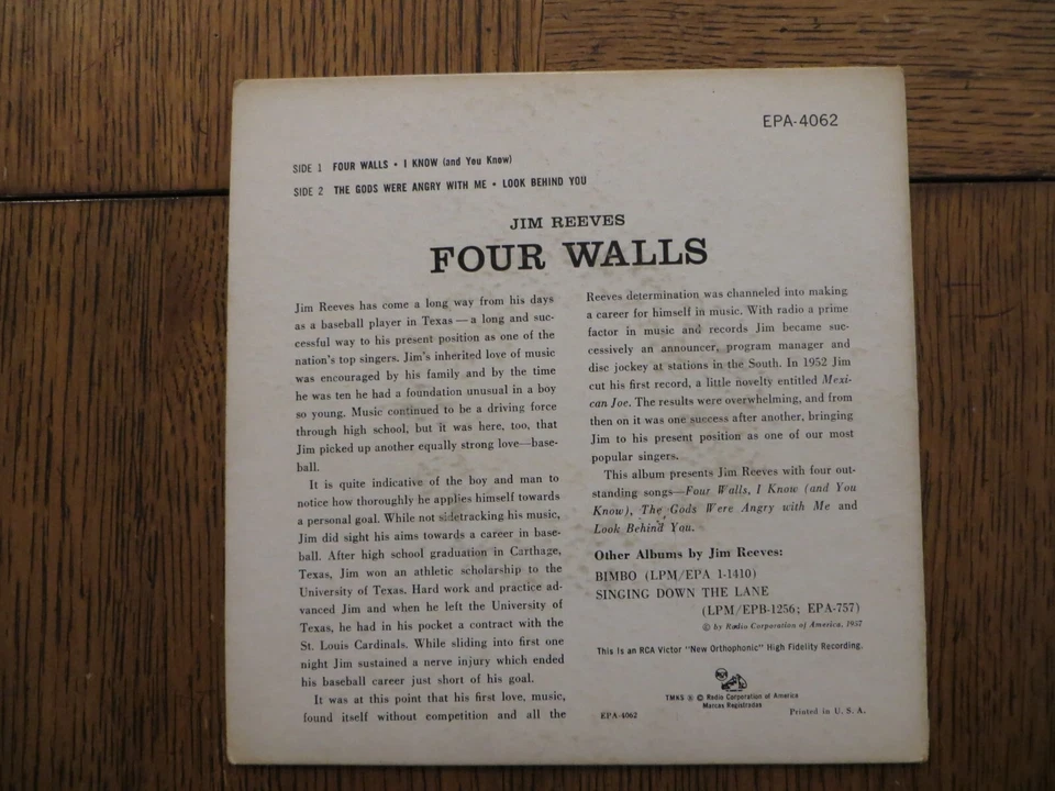 Jim Reeves – Four Walls - 1957 - RCA Victor EPA 4062 7" 4-SONG EP G+/VG+ - Image 2 of 4