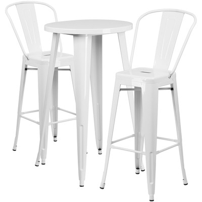 24'' Round White Metal Indoor-Outdoor Restaurant Bar Table Set w/2 Cafe Barstool