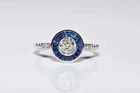 Art Deco Style Round Lab Created Diamond & Sapphire Halo 14K White Gold FN Ring