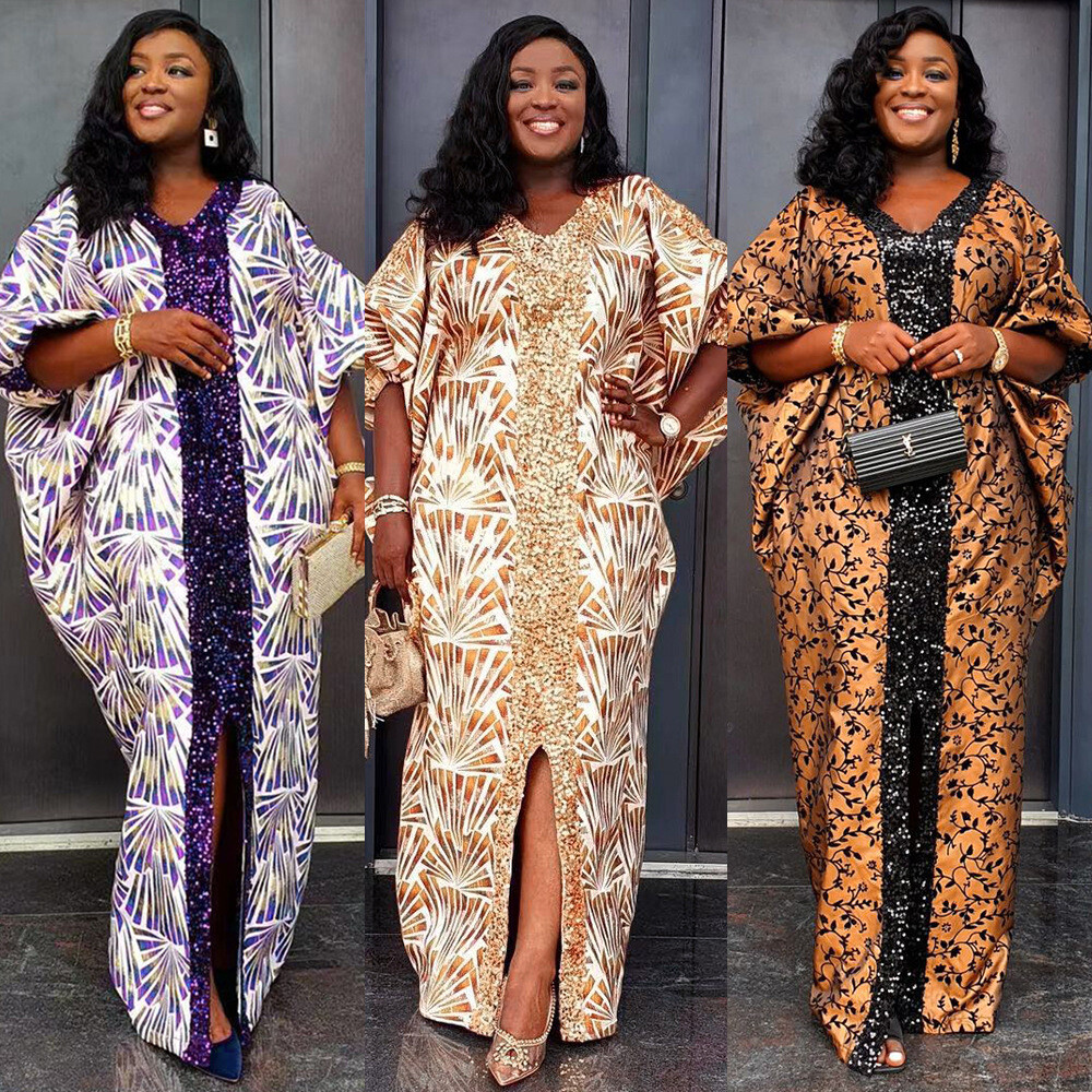 Fashion African Women Printed V-Neck Maxi Dress Dubai Kaftan Party Turkey Loose