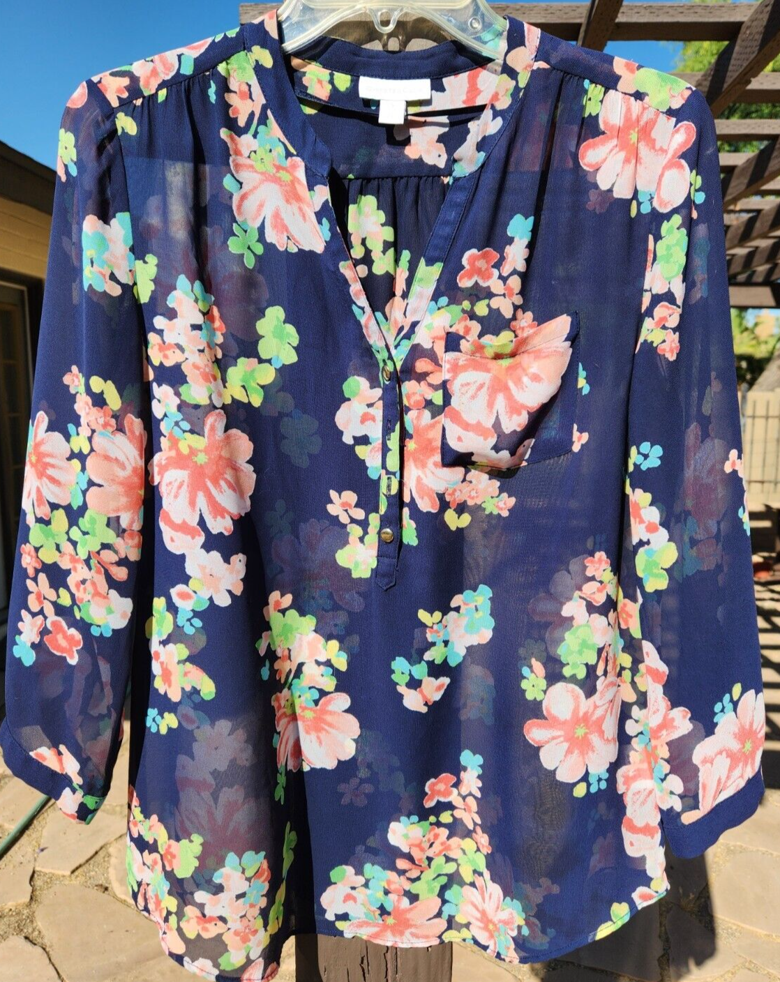 Charter Club Sheer 3/4 Sleeve 1/2 Button Front Blouse in Navy Blue Floral Small