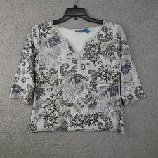 TeeCo Tops Women Sz L Blue Black Chansons Printed Cotton 3/4 Sleeve Split V-Neck