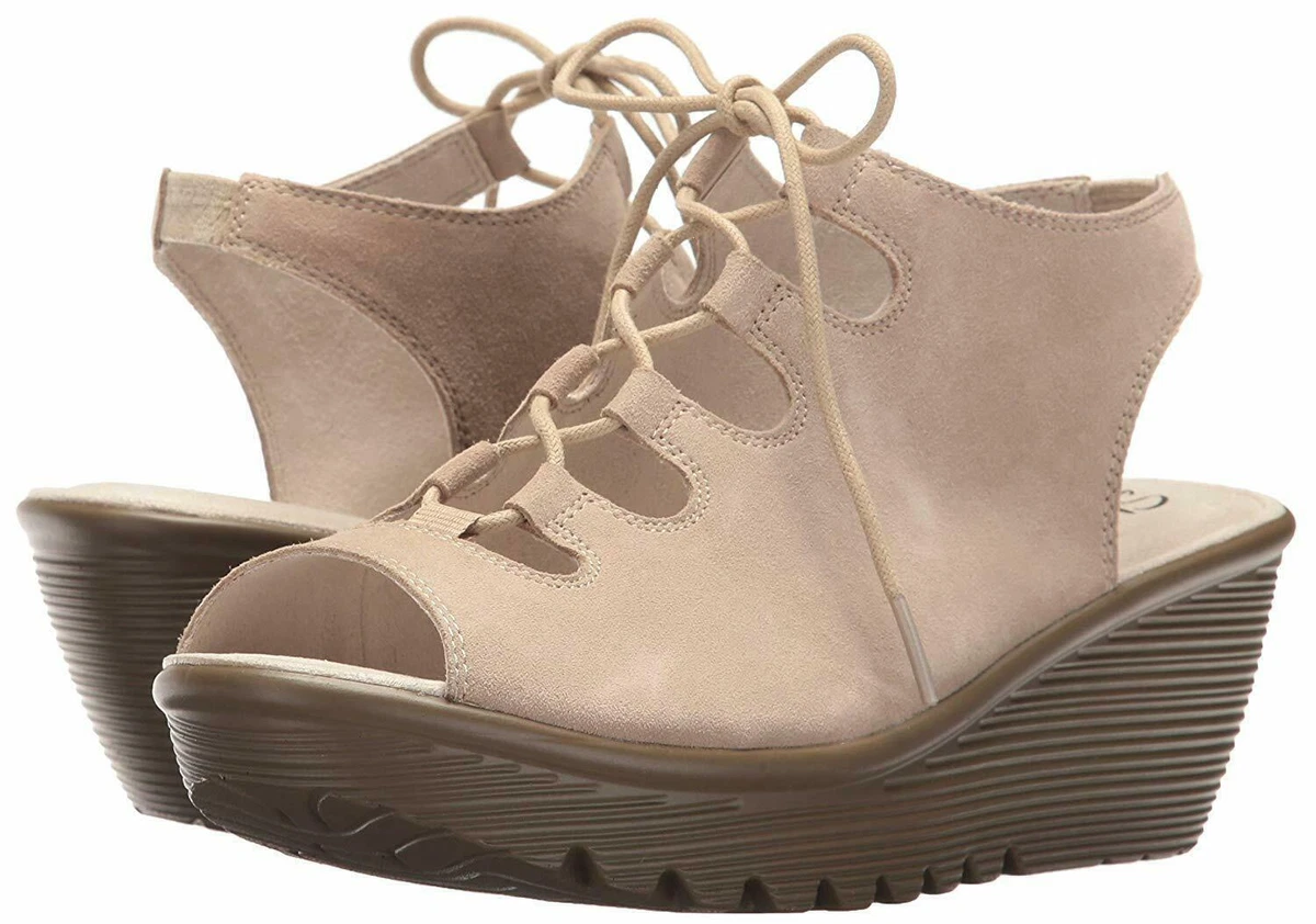 Skechers Suede Lace Up Peep Toe Wedges Natural Size 11 M eBay