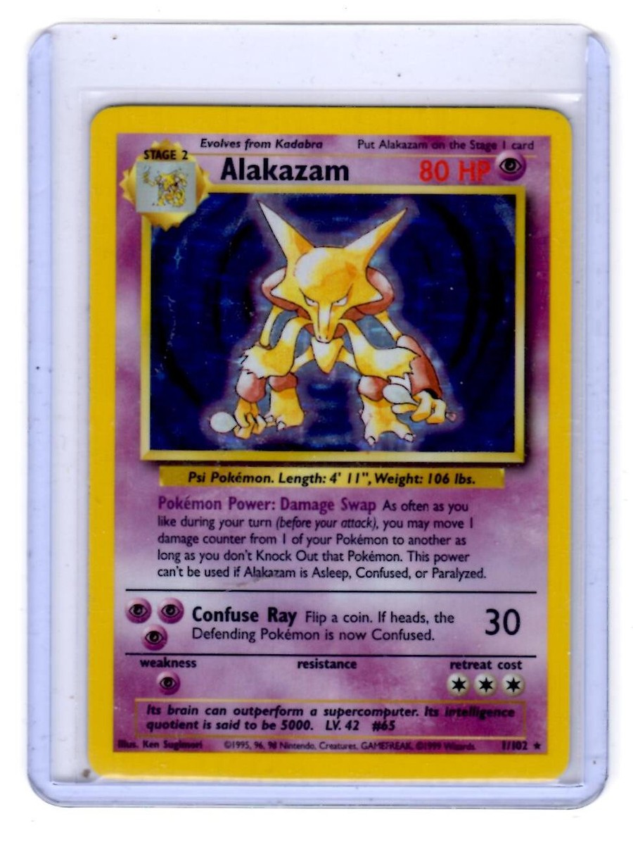 1999 BASE SET WOTC TCG POKEMON HOLOFOIL HOLOGRAM CARD ALAKAZAM 1/102 #65  NM/MINT | eBay