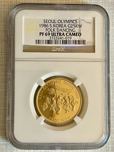 South Korea 1986 Seoul Olympics Folk Dancing 25K Won Gold NGC PF69 UC Sku# 4237