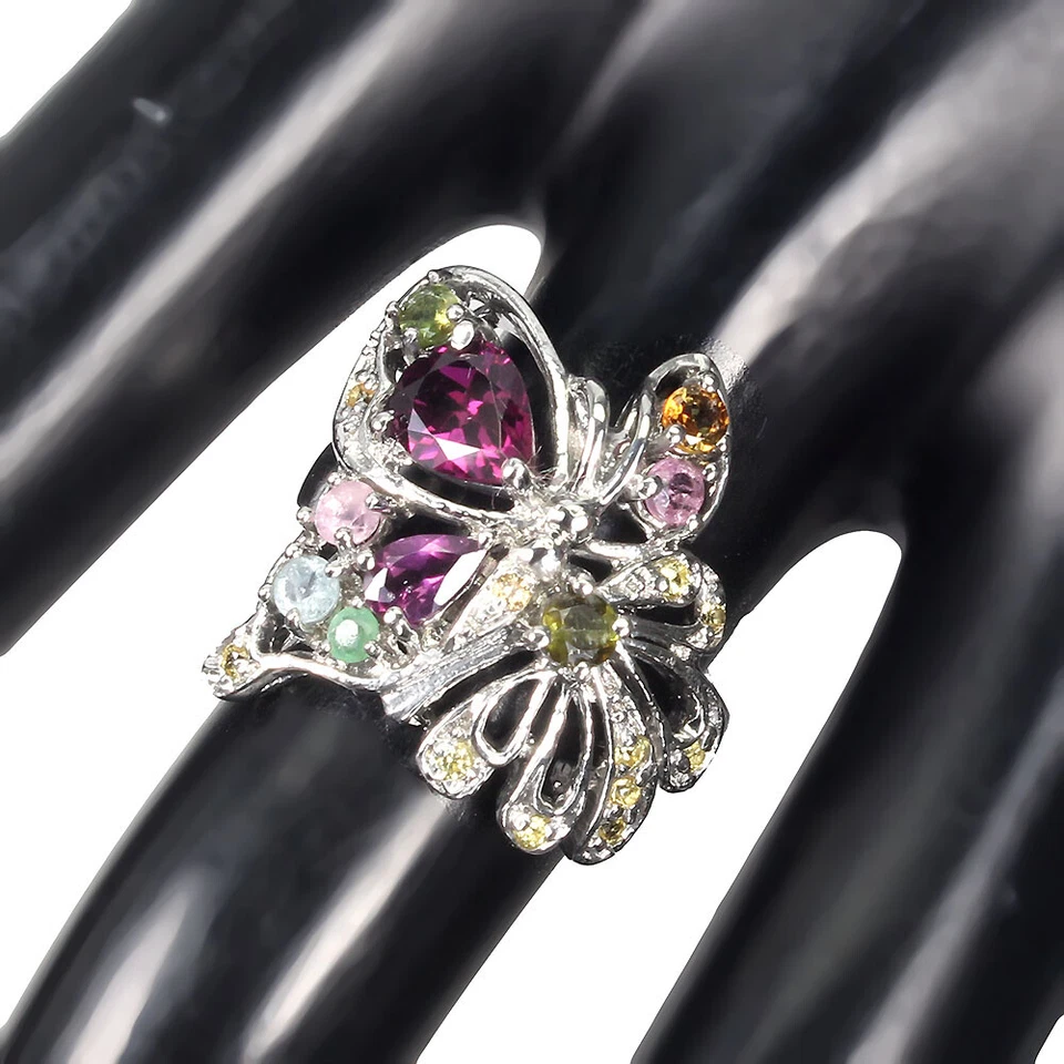 925 Sterlingsilber Birnenrhodolit 7x5mm Smaragd Edelsteine Schmetterlingsring 7 - Bild 3 von 4