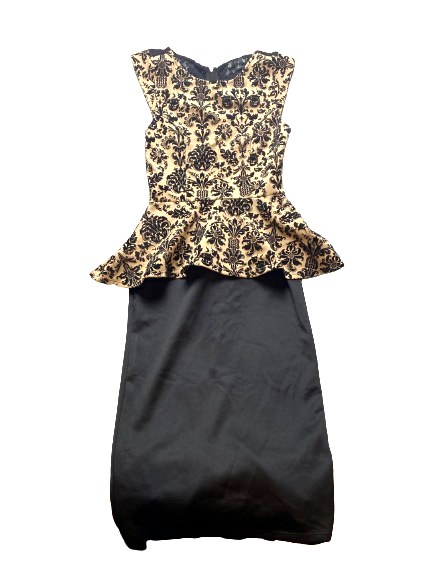 Iris Dress Womens Small Black Taupe Velvet Lace Peplum Slit Sheath Damask  AOP