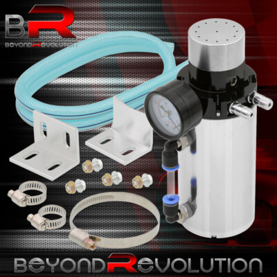 Silver Engine Oil Catch Reservoir Breather Tank/Can + Vacuum Pressure Gauge