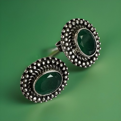 925 Sterling Silver Green Faceted Oval Stone Stud Earrings - Picture 1 of 12