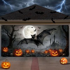7 x 16 ft Halloween Garage Door Cover, Bat and Pumpkin Moon Banner Decor