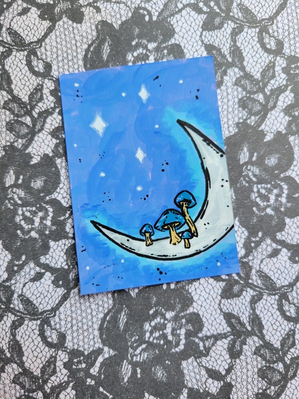 ACEO, Original Art Card, Mushroom Moon, Acrylic Marker Painting, by Hdawn