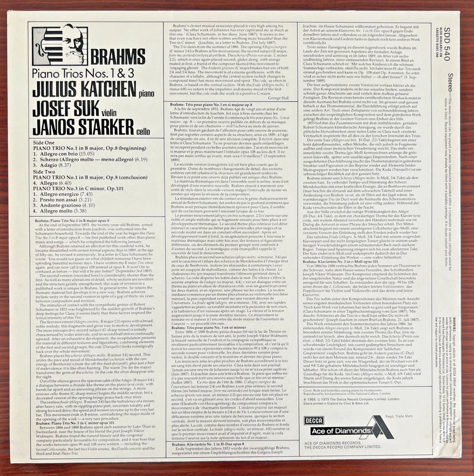 Brahms Piano Trios Nos. 1 & 3 J. Katchen, J. Suk, J. Starker, Decca, 1969 LP, EX - Image 2 of 4