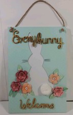 Vintage 1990’s Easter Bunny Rabbit Wooden Wall Hanging Decor 3D Flowers 14x9.5"