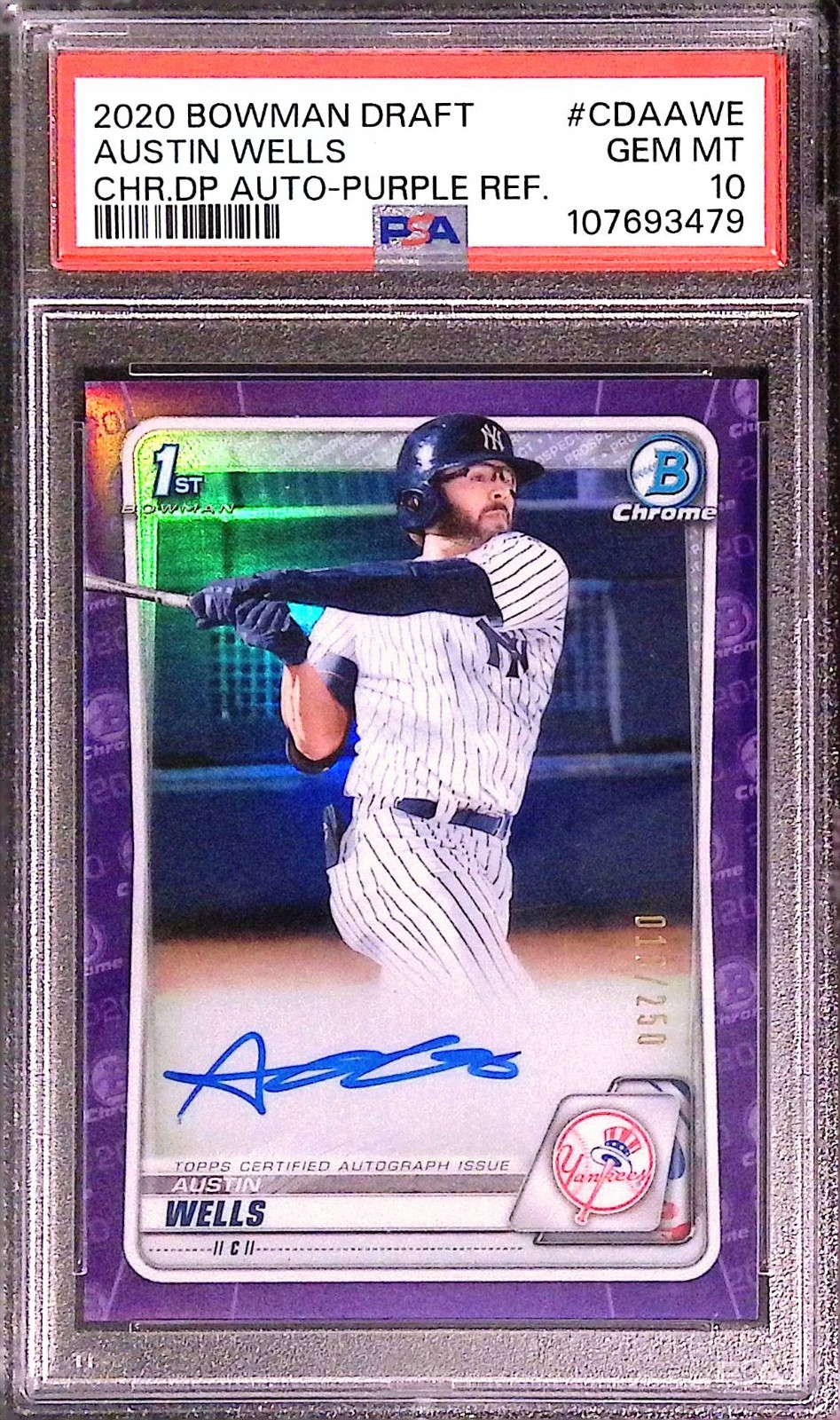 PSA 10 AUSTIN WELLS AUTO 1st 2020 Bowman Chrome PURPLE REFRACTOR/250 RC GEM MINT