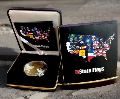 US State Flag Liberty Eagle 1 oz Silver Coin Gilded  Illinois 2015 W/Box & COA