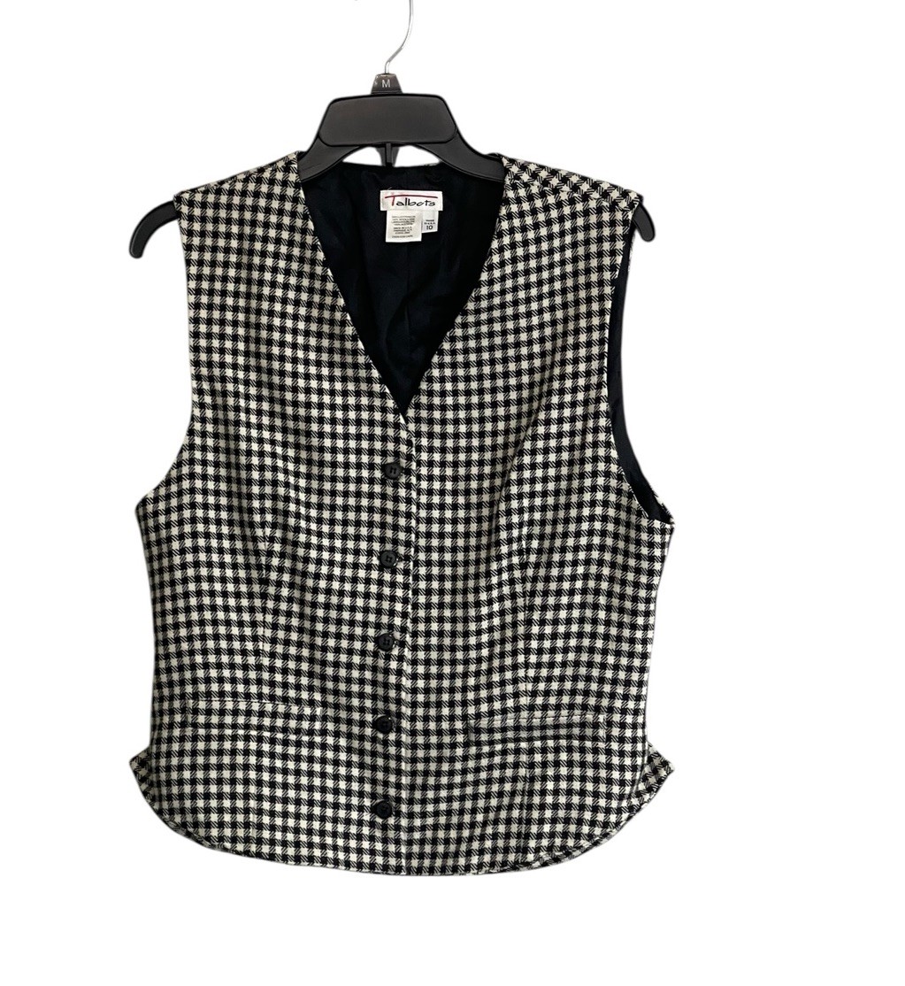 Vtg Talbots 100% Wool Vest Sz 10 Houndstooth Black White Preppy Academia