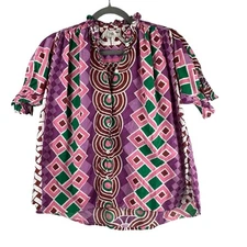 Mille Marnie Top Size XS Geometric Blouse Puff Sleeve Pink Purple Green Aztec