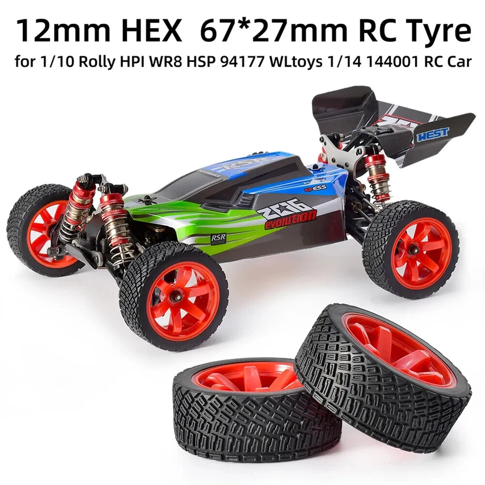 4X 12mm Hex Tire+Wheel Rim/Tire for 1/10 HPI HSP Rolly WLtoys 1/14 144001 RC Car - Image 3 of 4