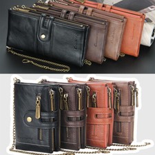 Mens Leather Wallet RFID Bifold with Chain and Zipper Coin Pocket Biker Trucker