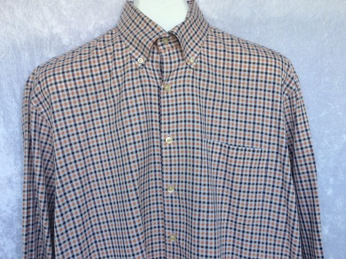 Peter Millar Button Down Dress Shirt Orange Blue Beige Checks Plaid Size Large - Picture 2 of 12