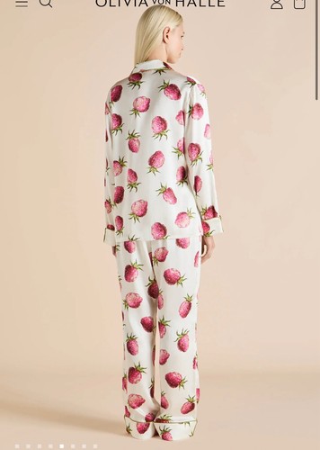 Olivia Von Halle Lila Blythe Ivory Strawberry Pyjamas Size Small $1350 - Picture 2 of 11