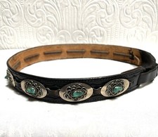 Vintage Native American Hand Made Leather Turquoise Silver Concho Belt From Taos