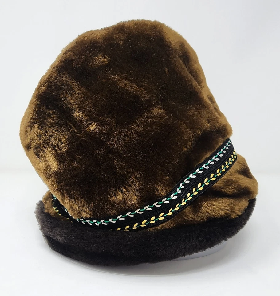 De colección Años 50 Forrado Fedora Marrón Imitación Piel Pluma Bordada Talla M 7-7 1/8 Foto 4 de 4