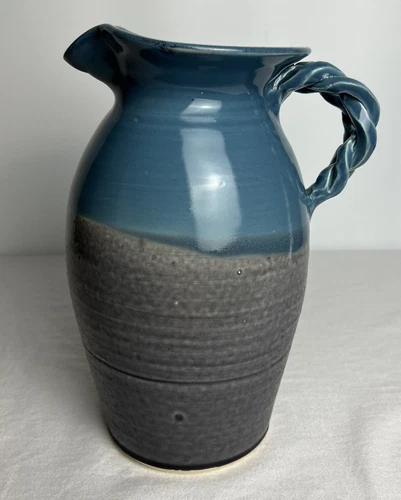 Studio Art Pottery Pitcher Braided Handle Blue/Gray Earth Avenue 2000 Signed VTG