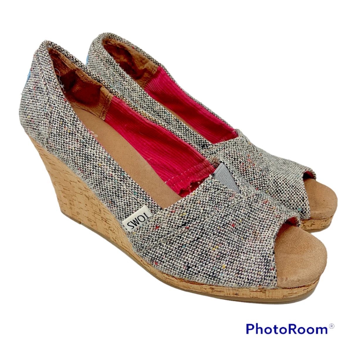 Toms Calypso Wedges Brown Tweed Women s Size 6.5 Cork Open Toe Heels