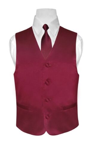 BOY'S Dress Vest & NeckTie Solid BURGUNDY Color Neck Tie Set Boys Tux Sizes - Picture 1 of 24