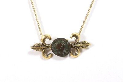 Ancient Copper Coin Set In a Gold Tone Fleur DeLis Setting Necklace